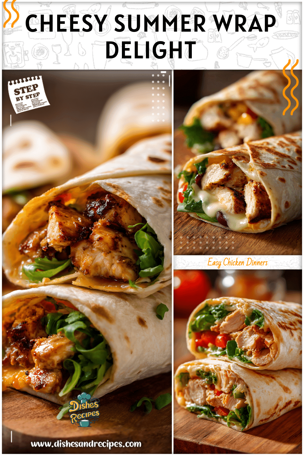 Grilled wraps stuffed with chicken and melted cheese served as cheap and easy summer dinner ideas.